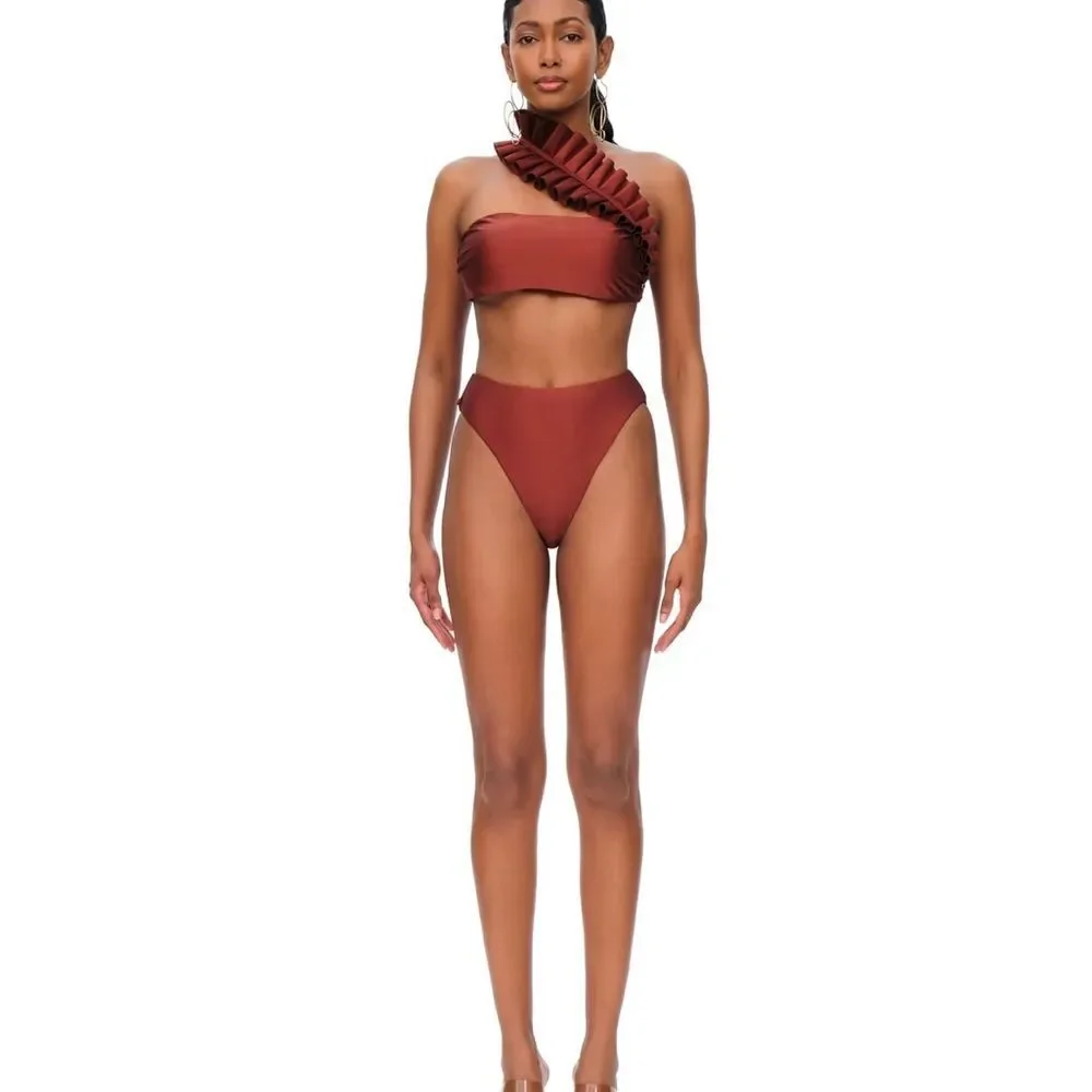 NWT Andrea lyamah 2 Piece LIVA Bikini in Chocolate Size Medium asymmetric ruffle